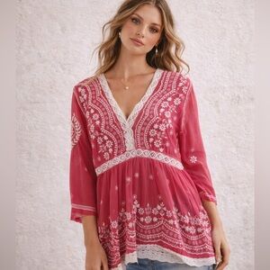 Y2K Fairycore Embroidered Pink Blouse 40 Beachy boho XL coverup